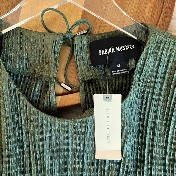 Anthropologie l Sabina Musayev Green Open Back Side Slit Textured Midi Dress